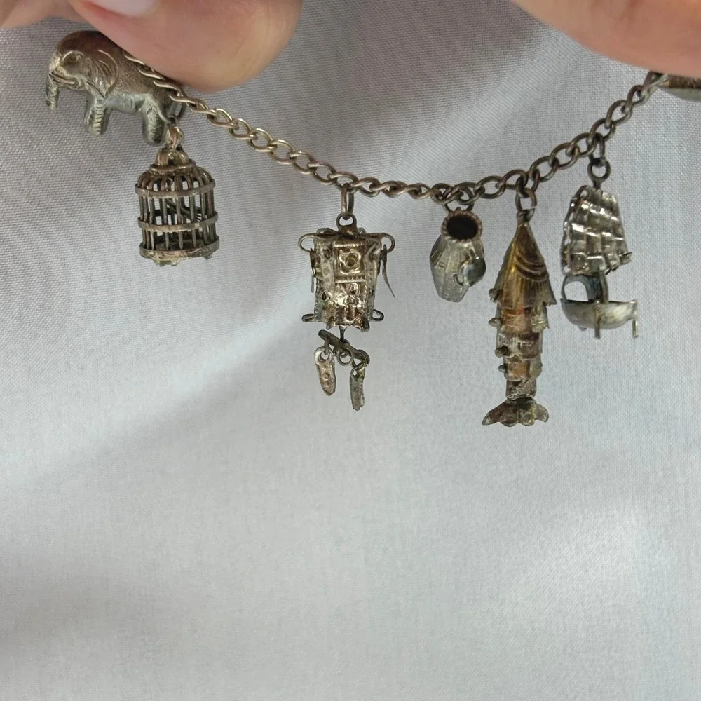 Vintage Chinese Export Silver 12 Charm Bracelet OS Silver Fair Articulated Fish